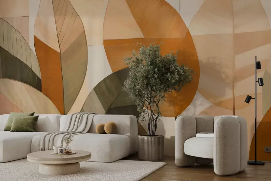 wall murals Апстрактни велики листови у нијансама наранџасте, браон и зелене, текстурирани, распоређени на светлој позадини w09539