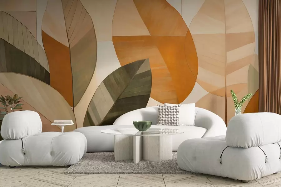 wall murals Апстрактни велики листови у нијансама наранџасте, браон и зелене, текстурирани, распоређени на светлој позадини w09539