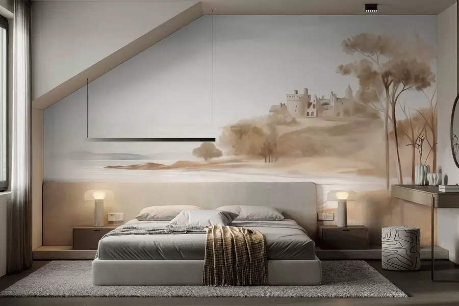 wall murals Пејзаж са замком на брду близу мора, пешчана плажа у првом плану, пригушене боје, текстурирана уметност w09540