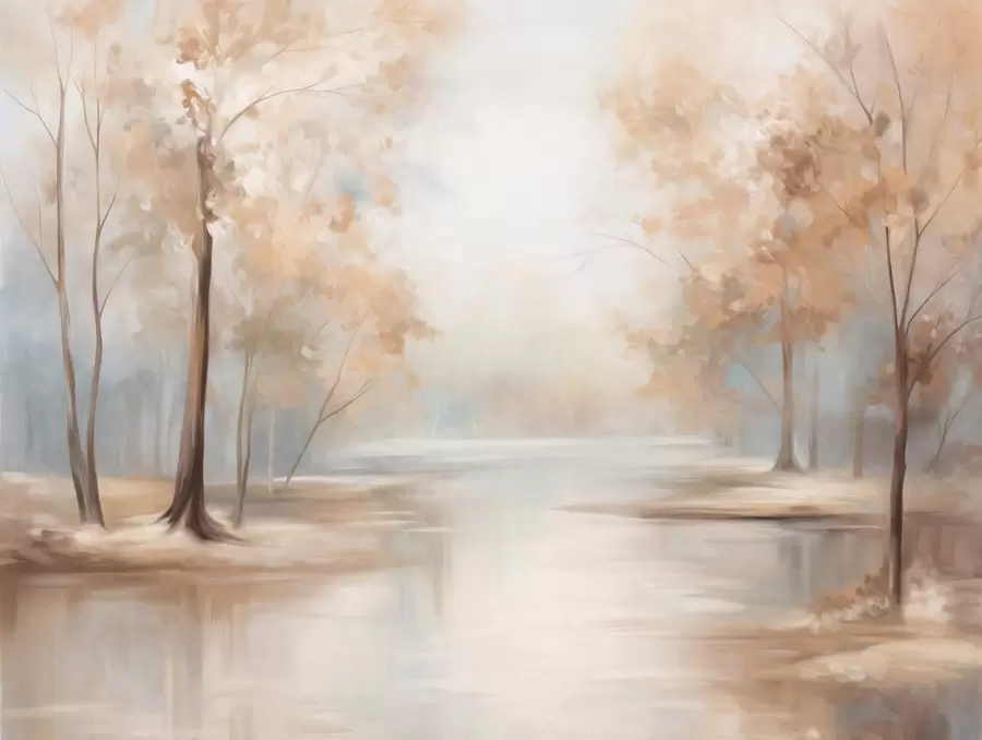 wall murals Јесењи текстурирани пејзаж са дрвећем и реком, меке боје, светла и прозрачна атмосфера, мирна и тиха сцена w09541