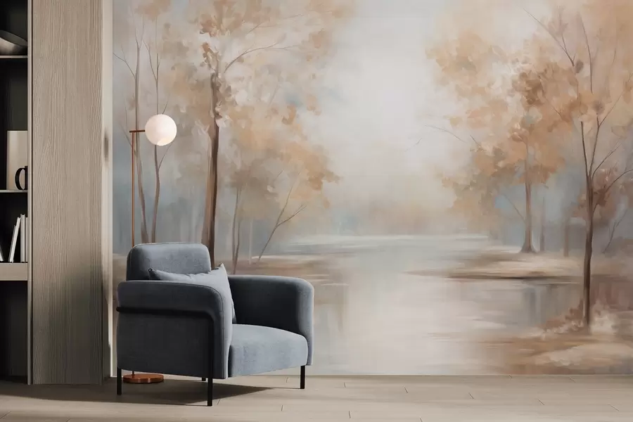 wall murals Јесењи текстурирани пејзаж са дрвећем и реком, меке боје, светла и прозрачна атмосфера, мирна и тиха сцена w09541