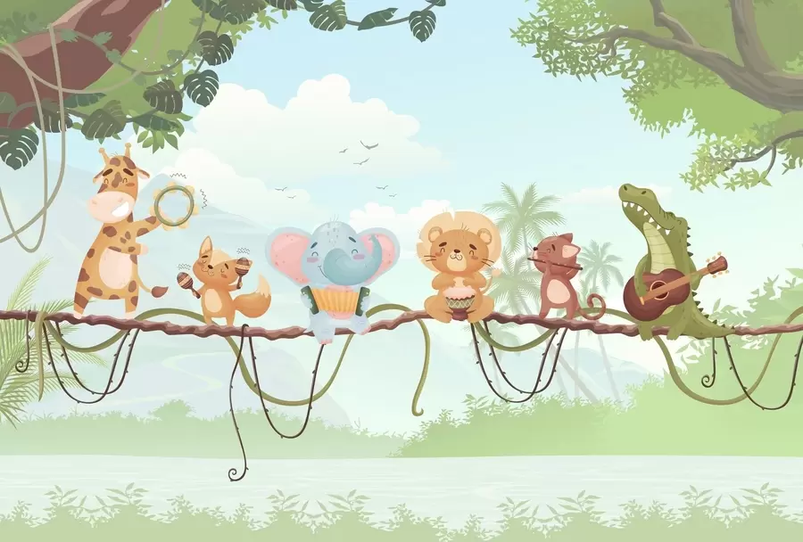 wall murals Животиње са музичким инструментима насупрот тропског пејзажа w04505