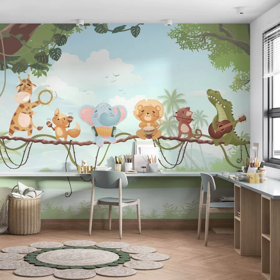 wall murals Животиње са музичким инструментима насупрот тропског пејзажа w04505