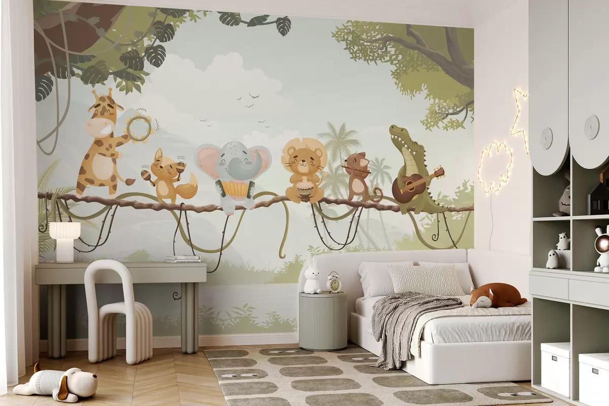 wall murals Животиње са музичким инструментима насупрот тропског пејзажа w04505v1