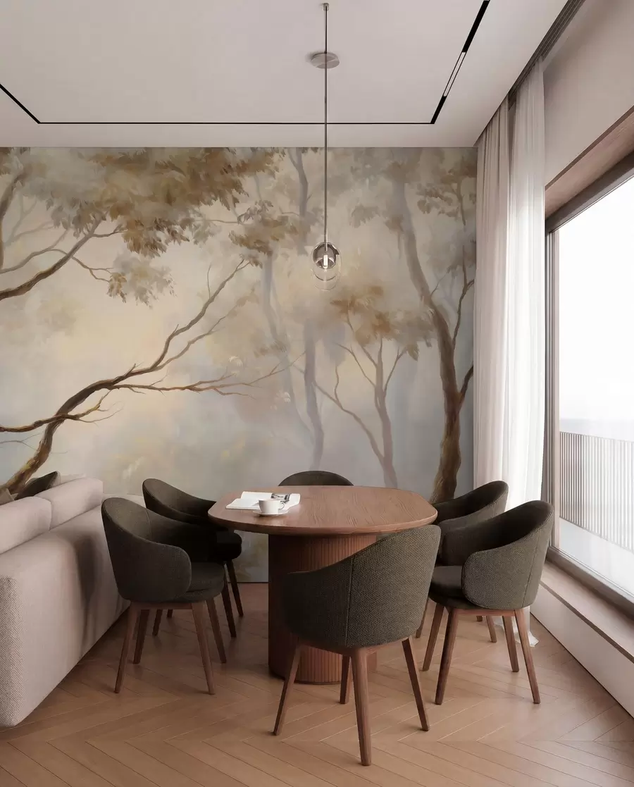 wall murals Шума у лаганој јутарњој магли. Деликатна атмосферска слика у стилу уметничког пејзажа w04817