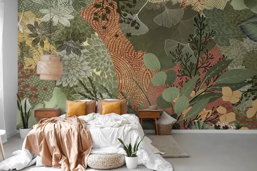 wall murals Апстрактни текстурирани колаж ботаничких елемената са лишћем, цвећем и органским текстурама, у нијансама зелене, браон w09545