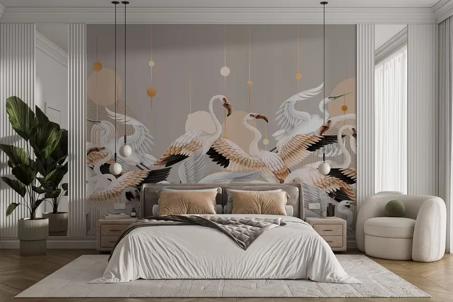 wall murals Јато белих фламинга са нежним крилима, на неутралној позадини са жутим линијама и круговима w09546v1