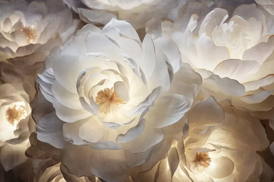 wall murals Велики, бели цветови фантастичног божура са жутим средиштем, меким осветљењем и нежним, текстурираним слојевитим латицама w09550