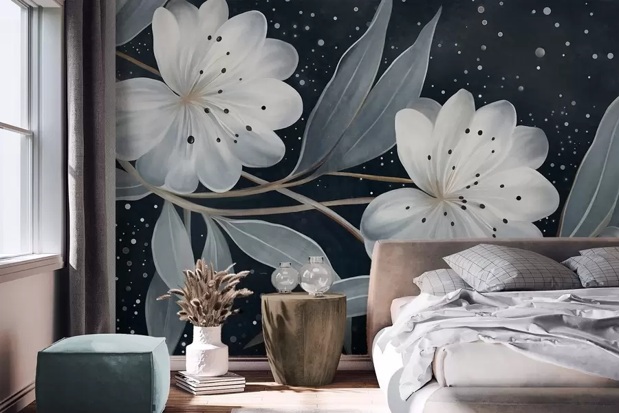 wall murals Бели цветови са фантастичном текстуром, окружени плаво-зеленим листовима и гранама на тамној позадини w09551
