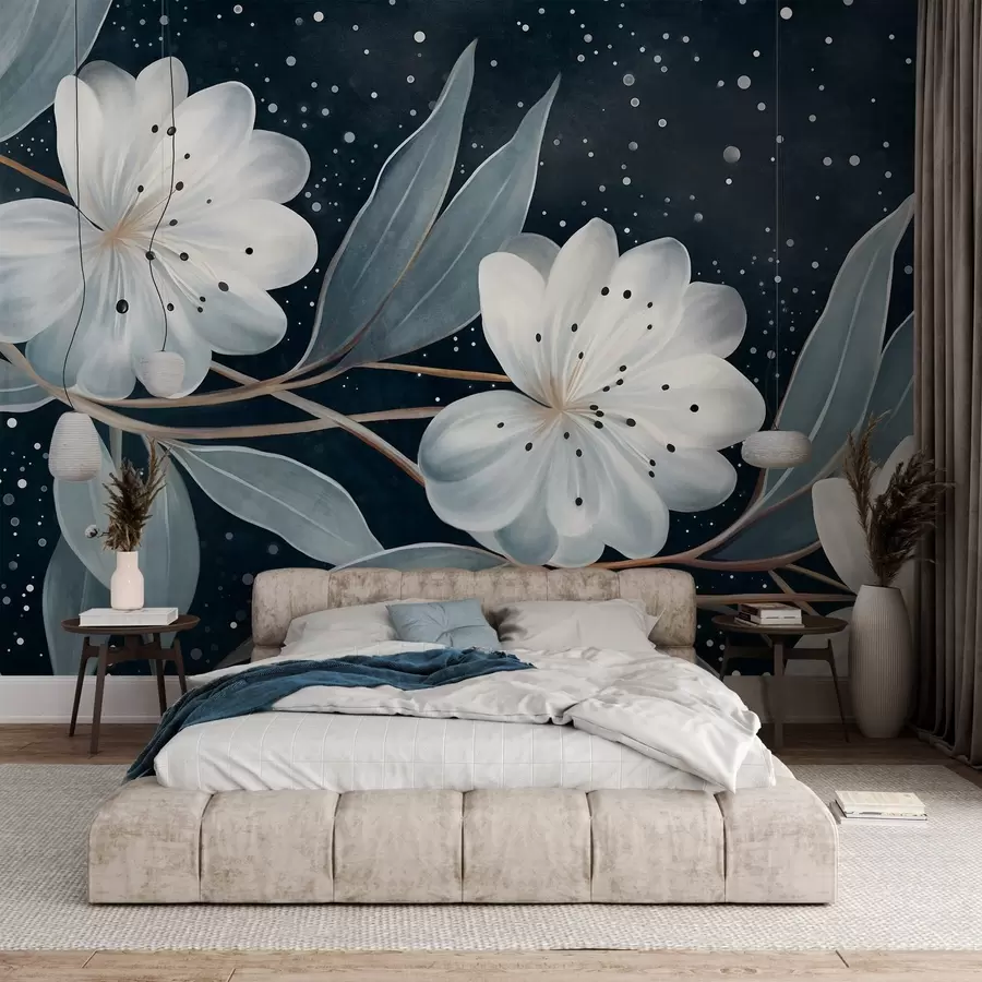 wall murals Бели цветови са фантастичном текстуром, окружени плаво-зеленим листовима и гранама на тамној позадини w09551