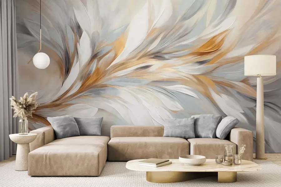 wall murals Апстрактни стил сликања са белим, жутим и сивим текстурираним потезима четкице са меком, светлом позадином w09552