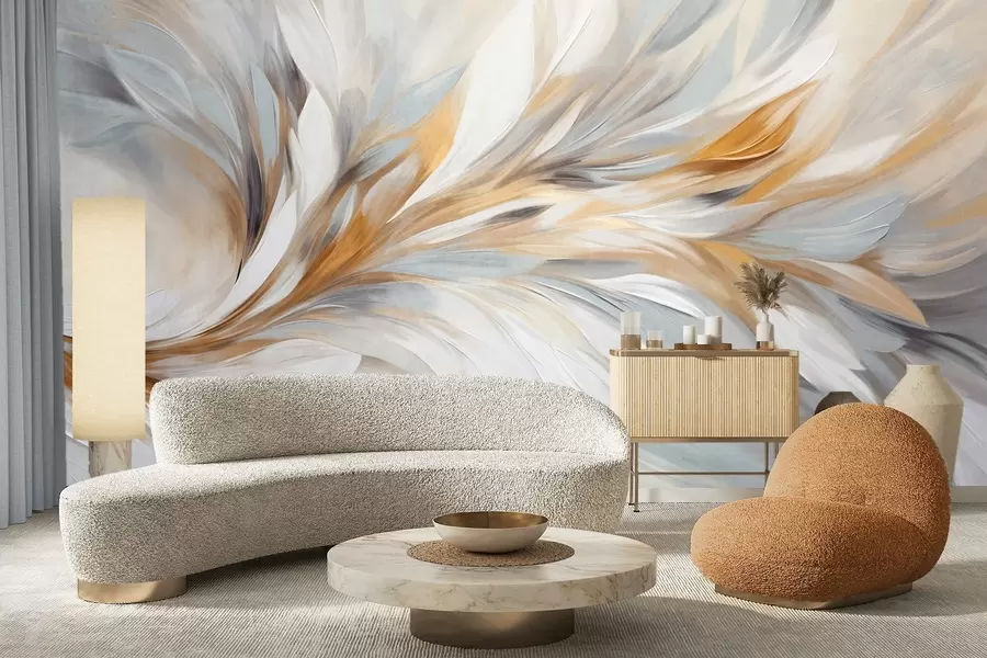 wall murals Апстрактни стил сликања са белим, жутим и сивим текстурираним потезима четкице са меком, светлом позадином w09552