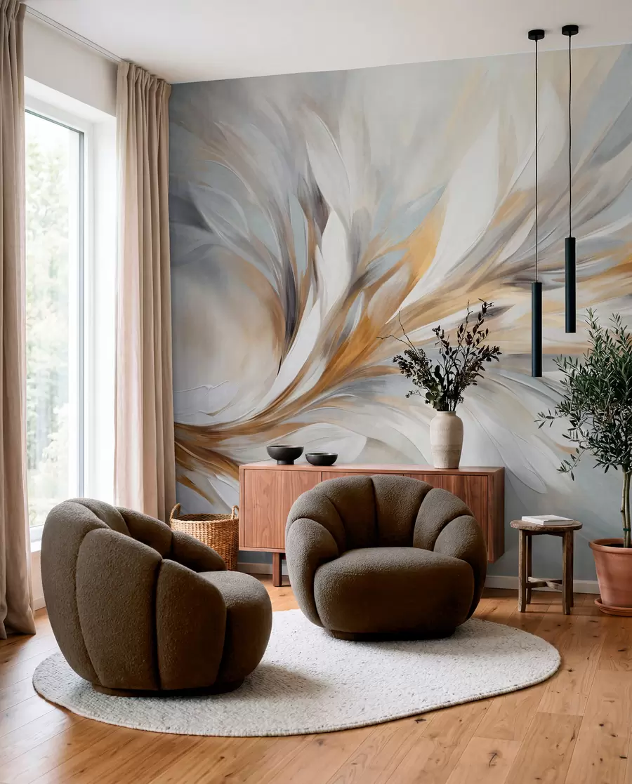 wall murals Апстрактни стил сликања са белим, жутим и сивим текстурираним потезима четкице са меком, светлом позадином w09552