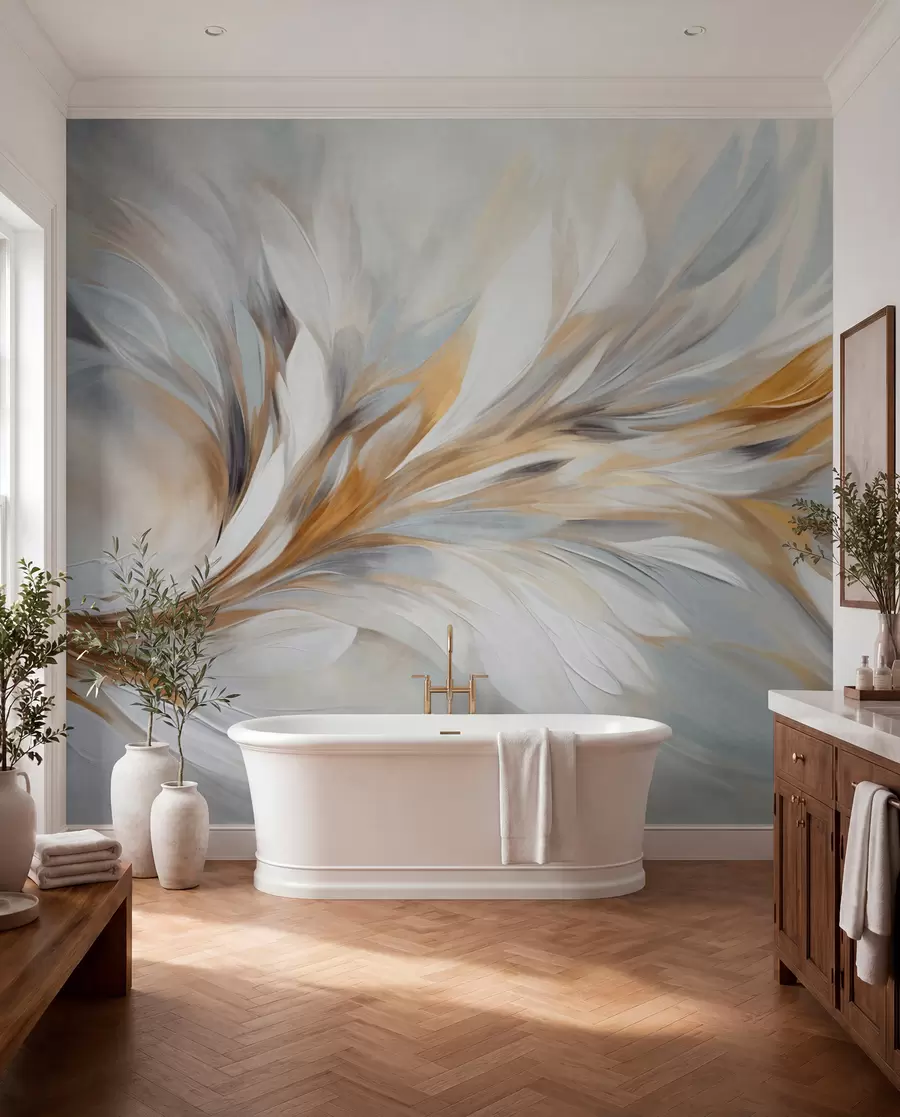wall murals Апстрактни стил сликања са белим, жутим и сивим текстурираним потезима четкице са меком, светлом позадином w09552