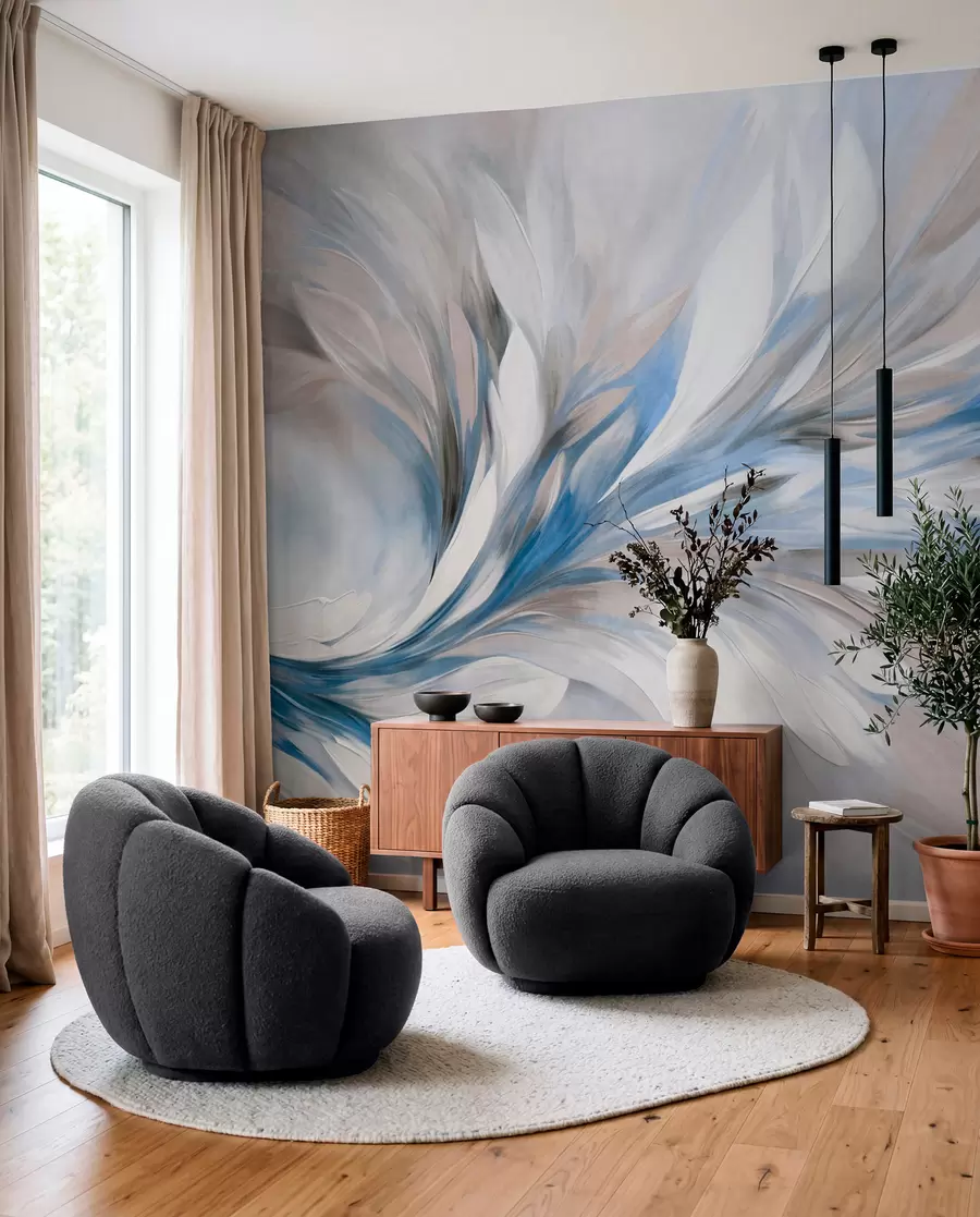 wall murals Апстрактни стил сликања са белим, плавим и сивим текстурираним потезима четкице са меком, светлом позадином w09552v1