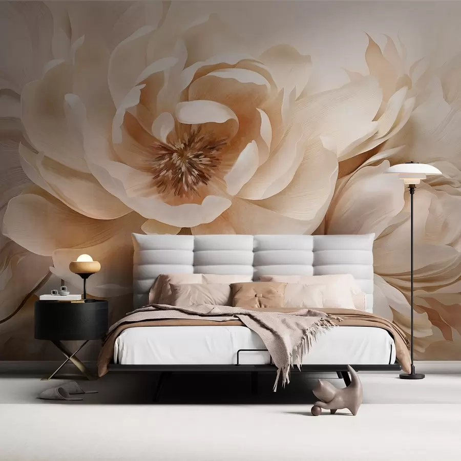 wall murals Кремасти текстурирани божури са смеђим средиштем и листовима на замућеној светлој апстрактној позадини w09554