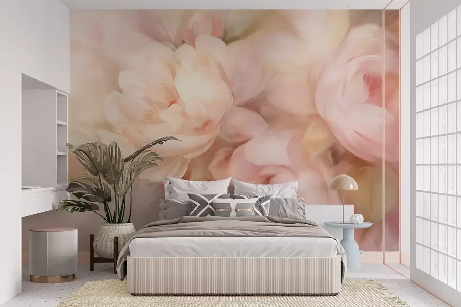 wall murals Бледо ружичасти и кремасти божури са нежном, сликарском имитацијом потеза четкицом, стварајући текстурирани цветни аранжман w09556