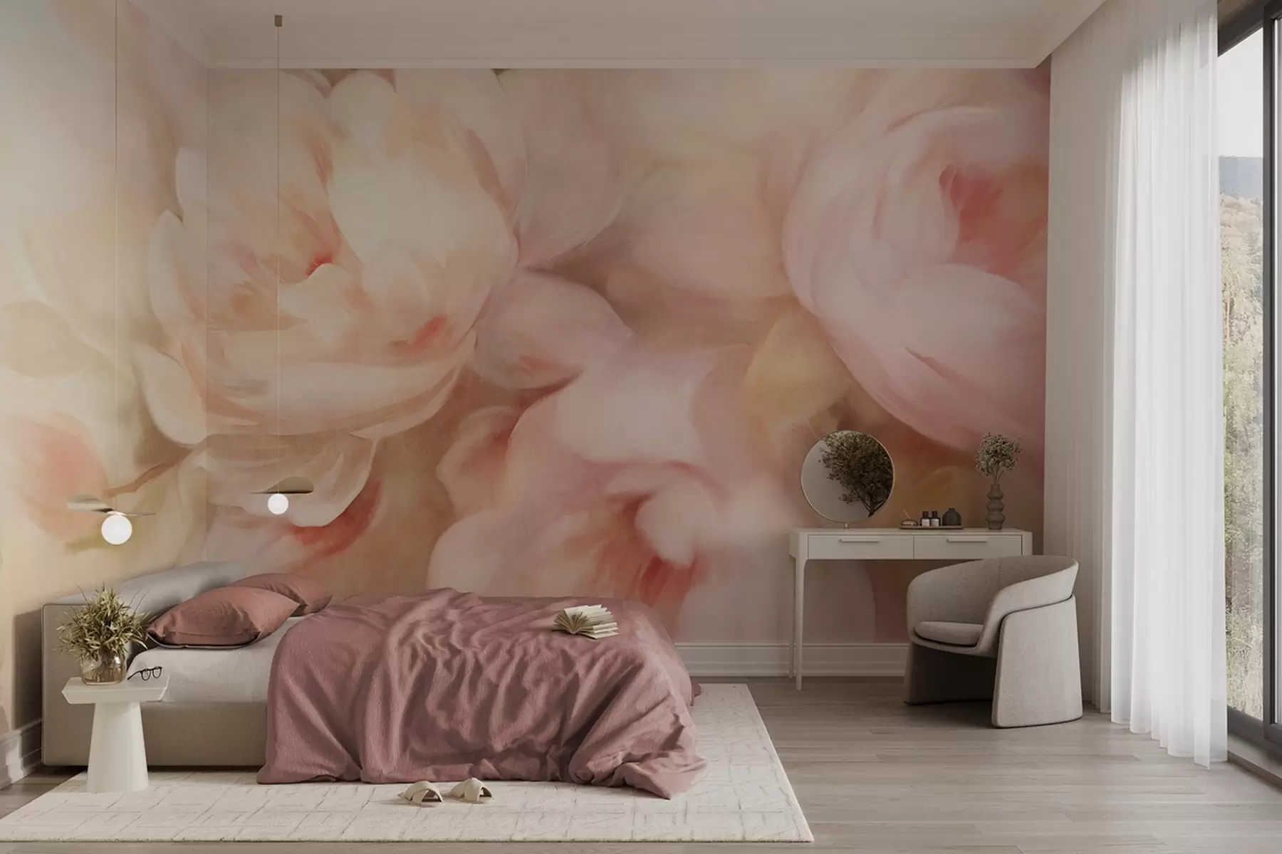 wall murals Бледо ружичасти и кремасти божури са нежном, сликарском имитацијом потеза четкицом, стварајући текстурирани цветни аранжман w09556