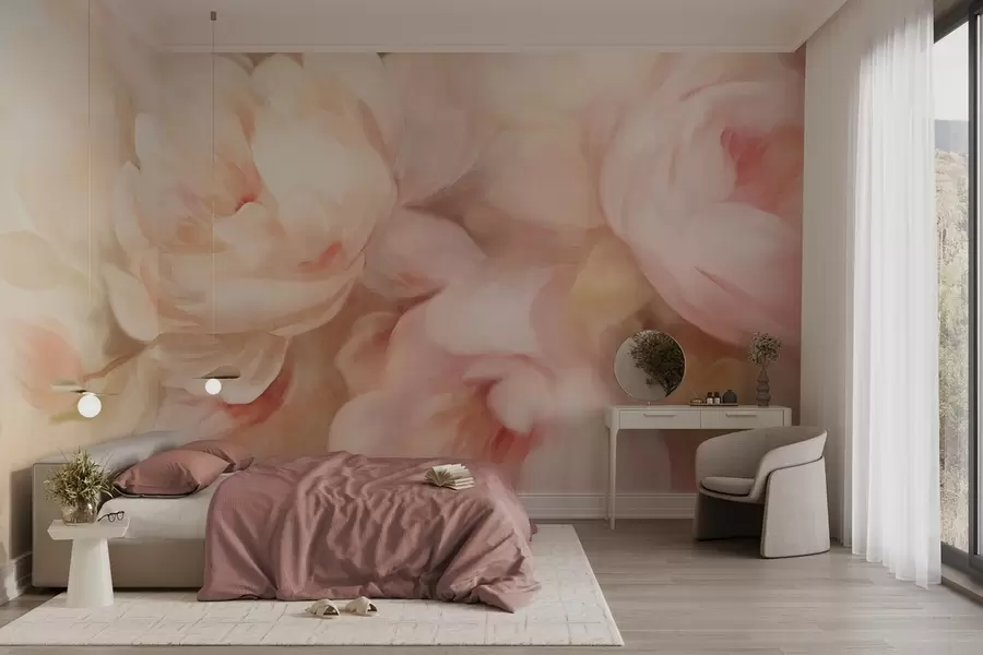 wall murals Бледо ружичасти и кремасти божури са нежном, сликарском имитацијом потеза четкицом, стварајући текстурирани цветни аранжман w09556