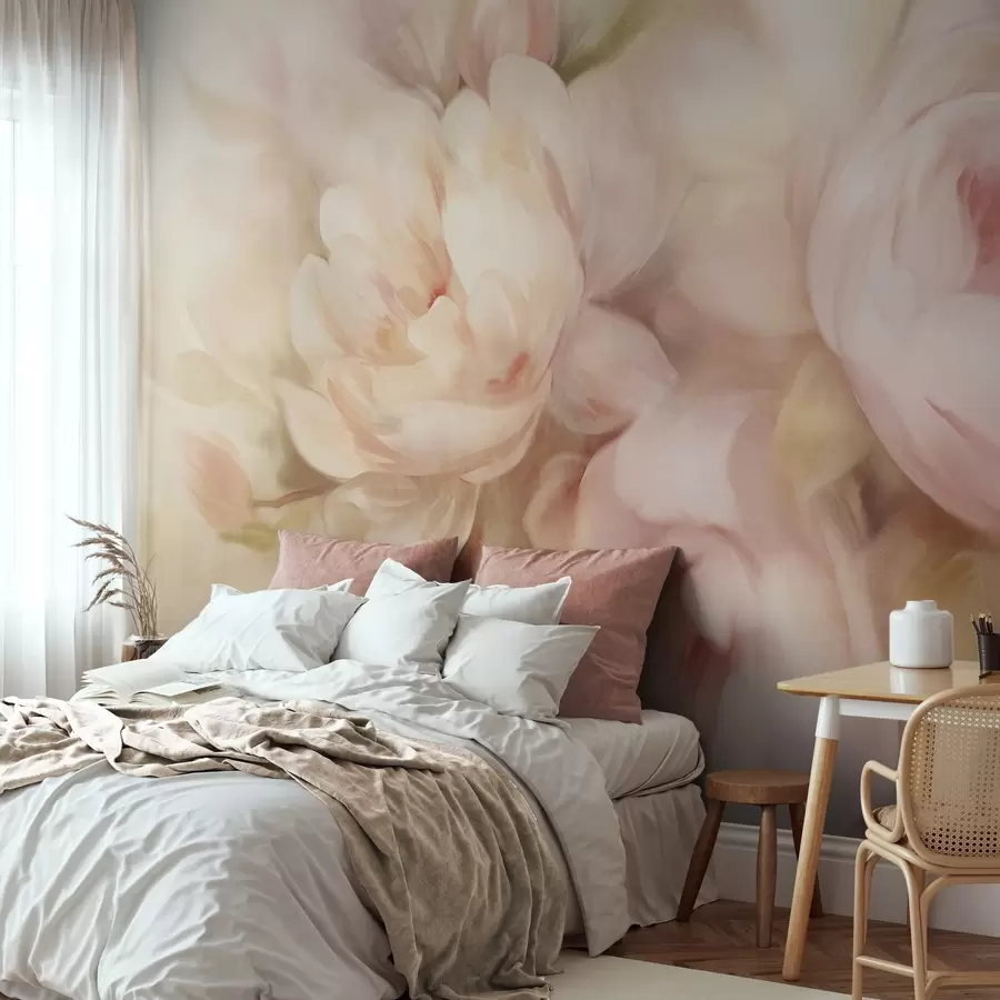wall murals Бледо ружичасти и кремасти божури са нежном, сликарском имитацијом потеза четкицом, стварајући текстурирани цветни аранжман w09556