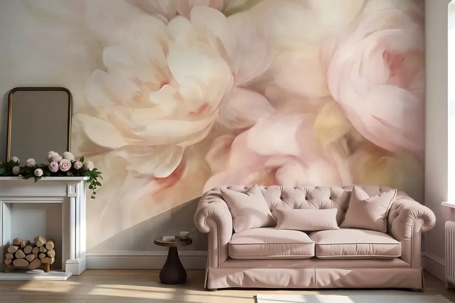 wall murals Бледо ружичасти и кремасти божури са нежном, сликарском имитацијом потеза четкицом, стварајући текстурирани цветни аранжман w09556