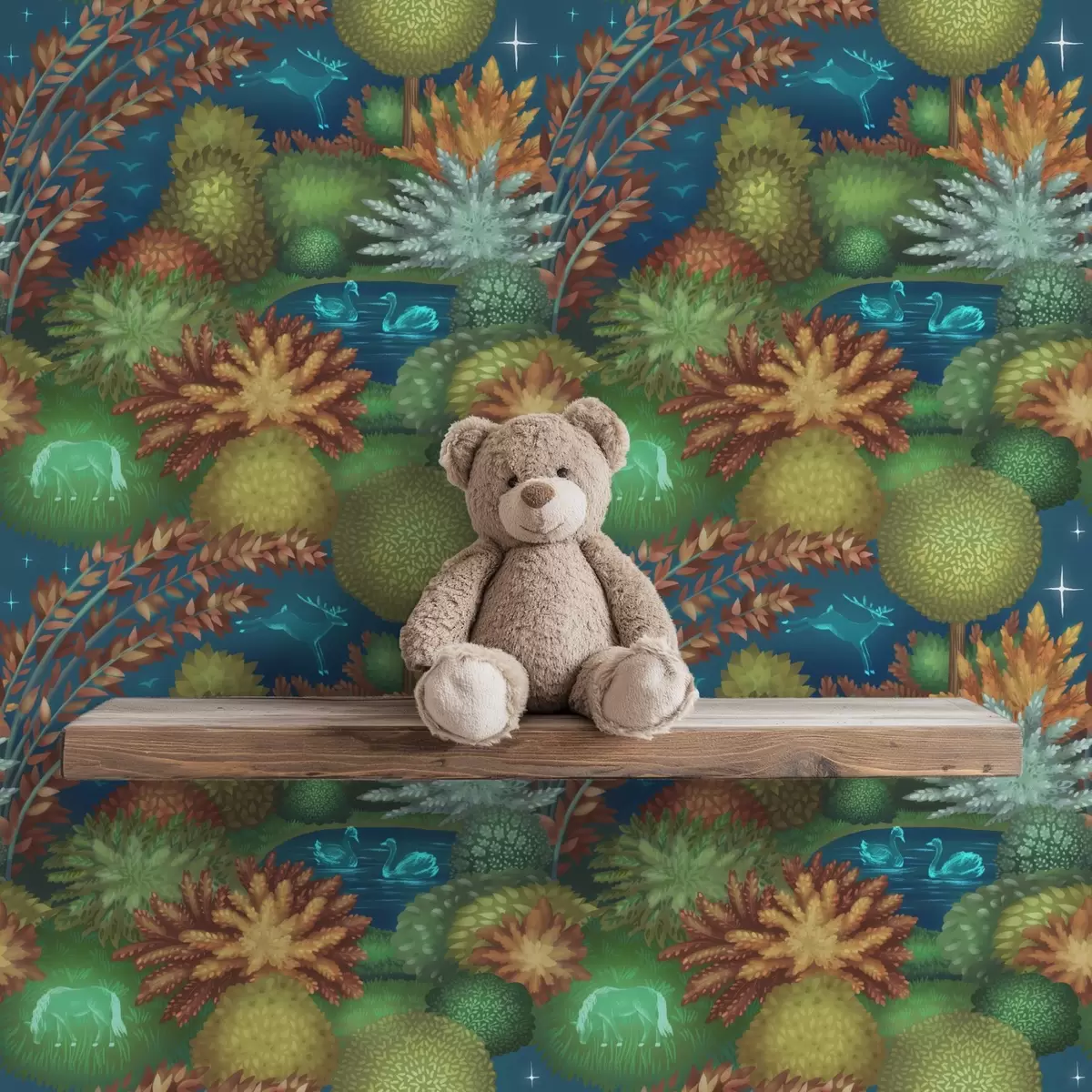 Позадина Бајковита ноћна башта са језером и светлећим животињама a00851