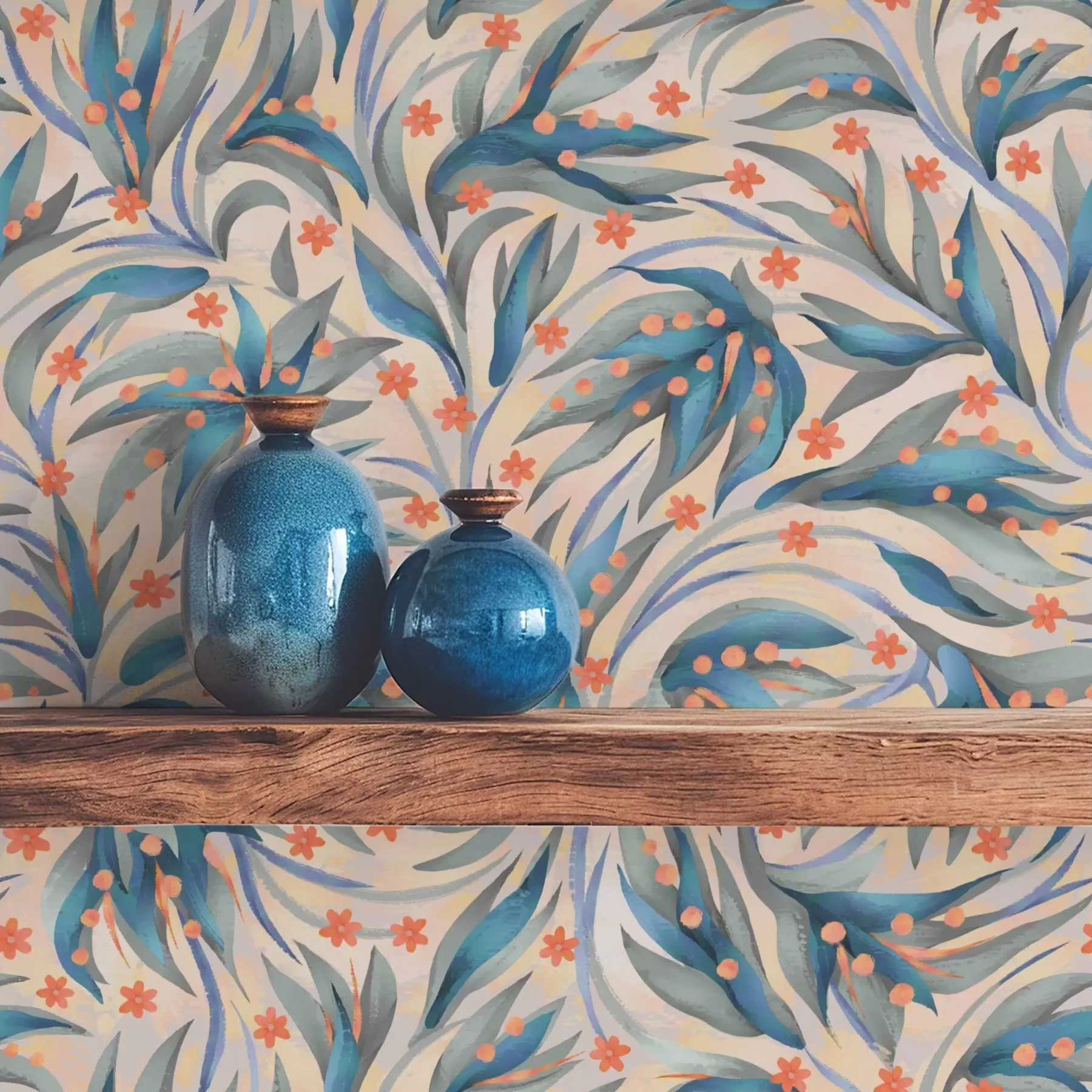 wall murals Апстрактно плаво лишће са коралним цветовима a00852