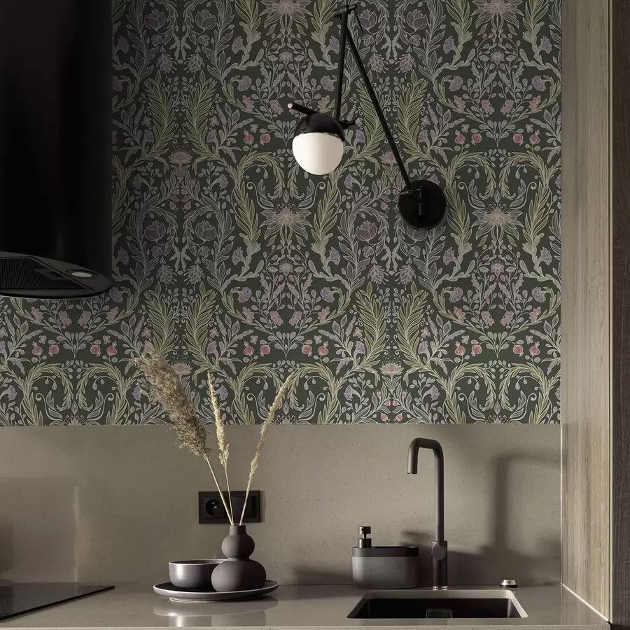 wall murals Симетрични цветни орнамент на тамнозеленој позадини a00928