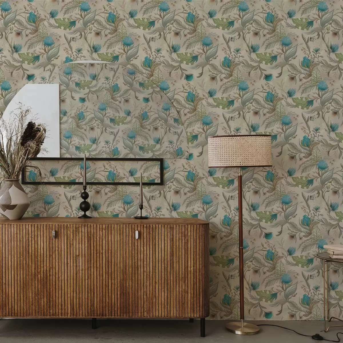 Позадина Плави пупољци и листови на светло беж позадини a00930