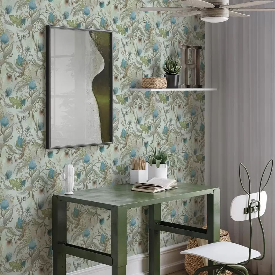 wall murals Плаво цвеће и зеленило на нежној позадини боје менте a00930v1