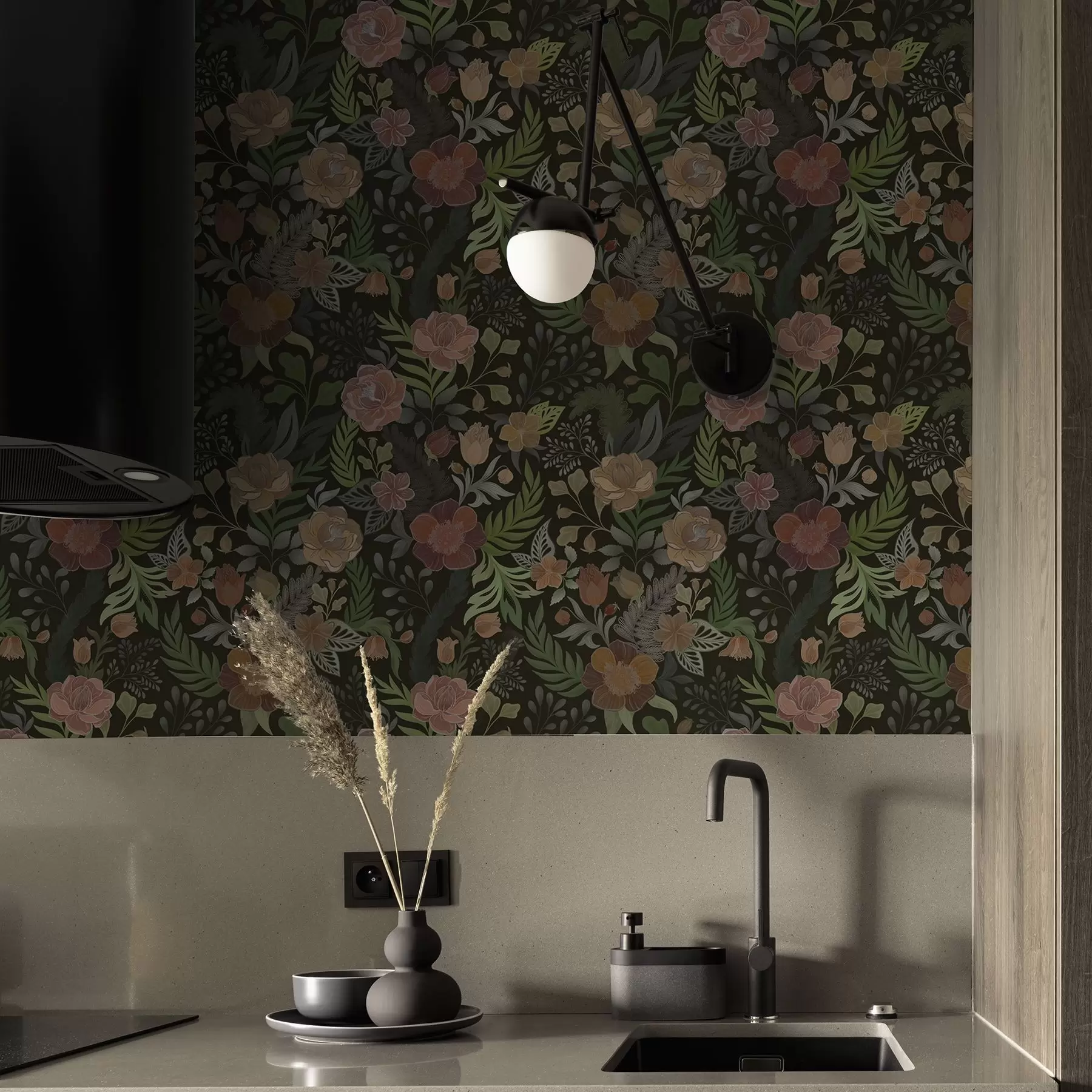 wall murals Богато цвеће и зеленило на дубокој тамној позадини a00932