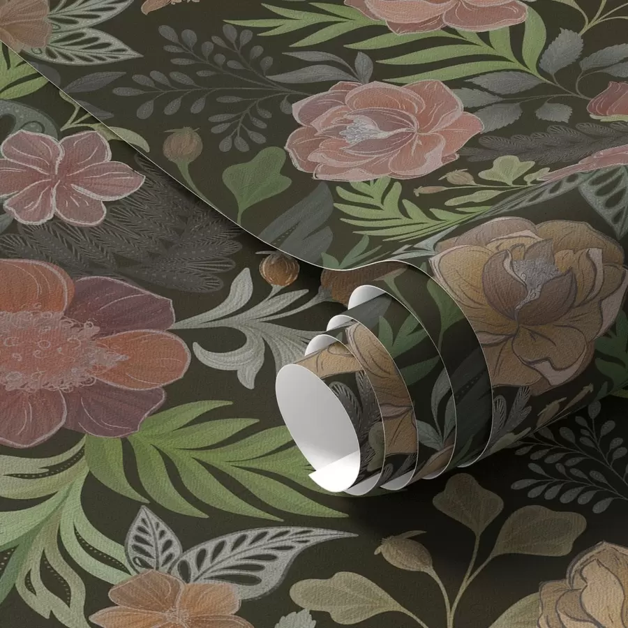 wall murals Богато цвеће и зеленило на дубокој тамној позадини a00932