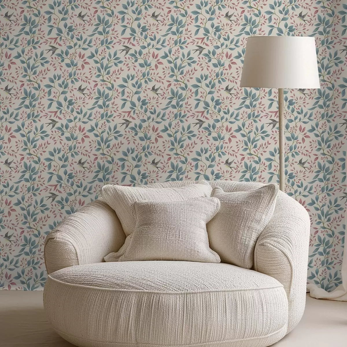 Позадина Плаве и ружичасте гране са птицама на кремастој позадини a00933