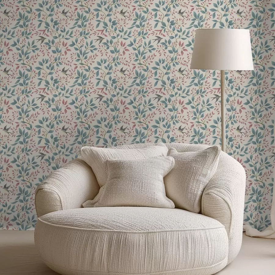 wall murals Плаве и ружичасте гране са птицама на кремастој позадини a00933