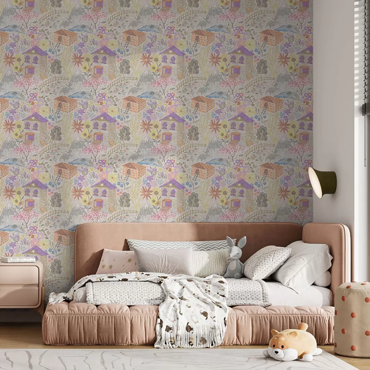 Позадина Дечји цртеж села са кућом, планинама и цвећем a00952