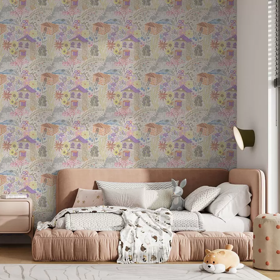 wall murals Дечји цртеж села са кућом, планинама и цвећем a00952