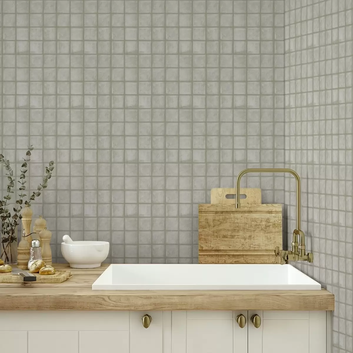 Позадина Имитација квадратних плочица у мекој сиво-зеленој палети a00988