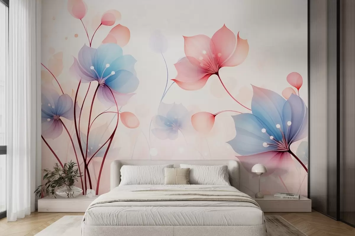 wall murals Нежно ружичасто-плаво цвеће — прозрачна флора на белој акварелној позадини w09507