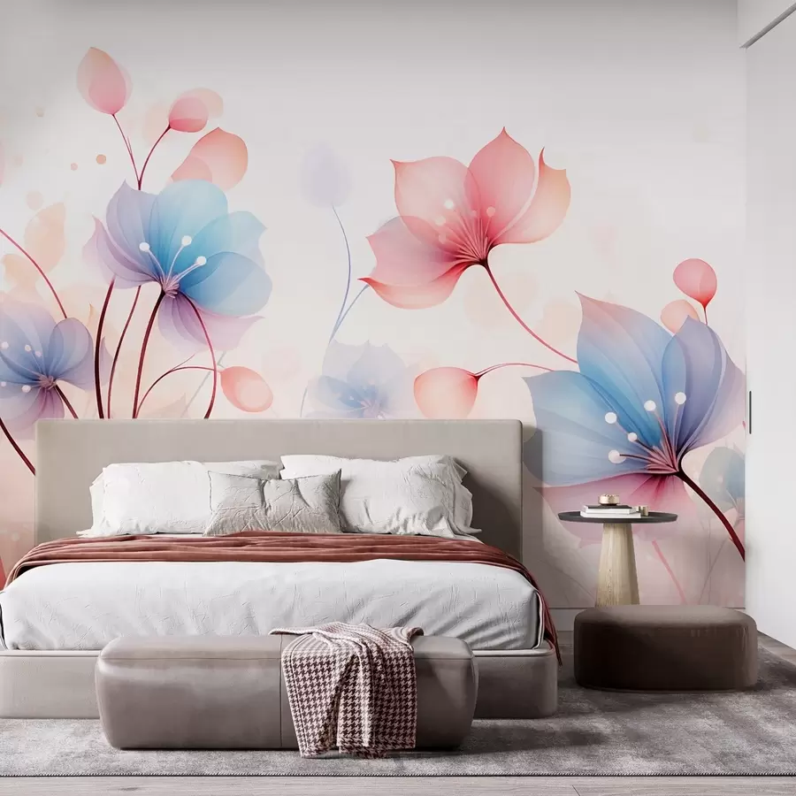 wall murals Нежно ружичасто-плаво цвеће — прозрачна флора на белој акварелној позадини w09507