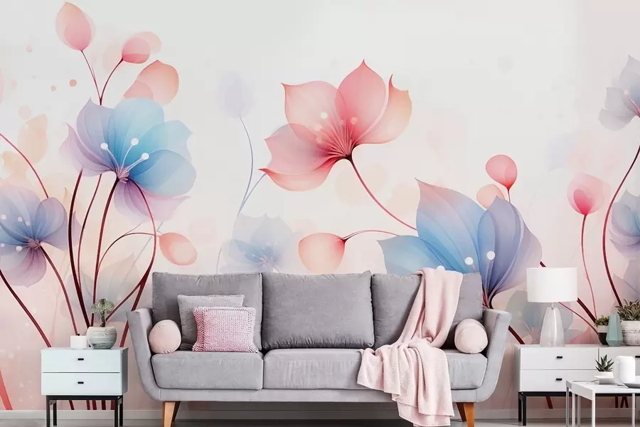 wall murals Нежно ружичасто-плаво цвеће — прозрачна флора на белој акварелној позадини w09507