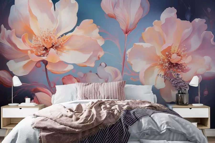 wall murals Прозрачни божури боје руже и креме у акварел стилу на тамноплавој позадини w09513