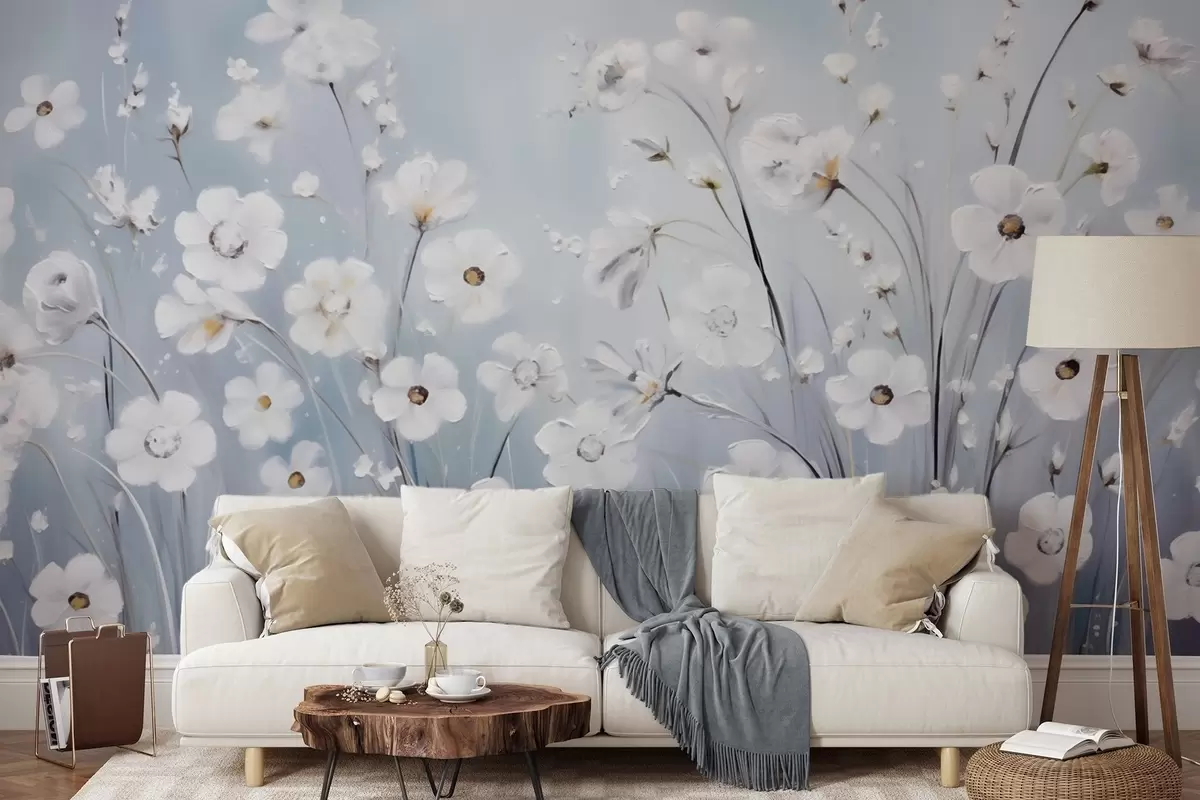 wall murals Бело цвеће на плавим планинама и језеро у стилу уљаног сликарства w09516