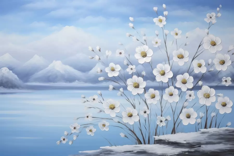 wall murals Бело пролећно цвеће поред леденог језера са снежним планинама у стилу уљаног сликарства w09526
