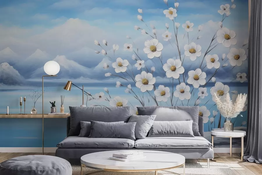 wall murals Бело пролећно цвеће поред леденог језера са снежним планинама у стилу уљаног сликарства w09526