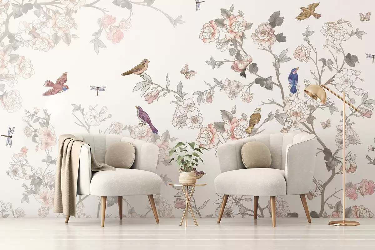 wall murals Птице близу грана са цвећем w04939