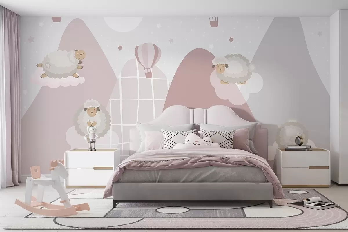 wall murals Спавајуће овце на ружичастим планинама w04932