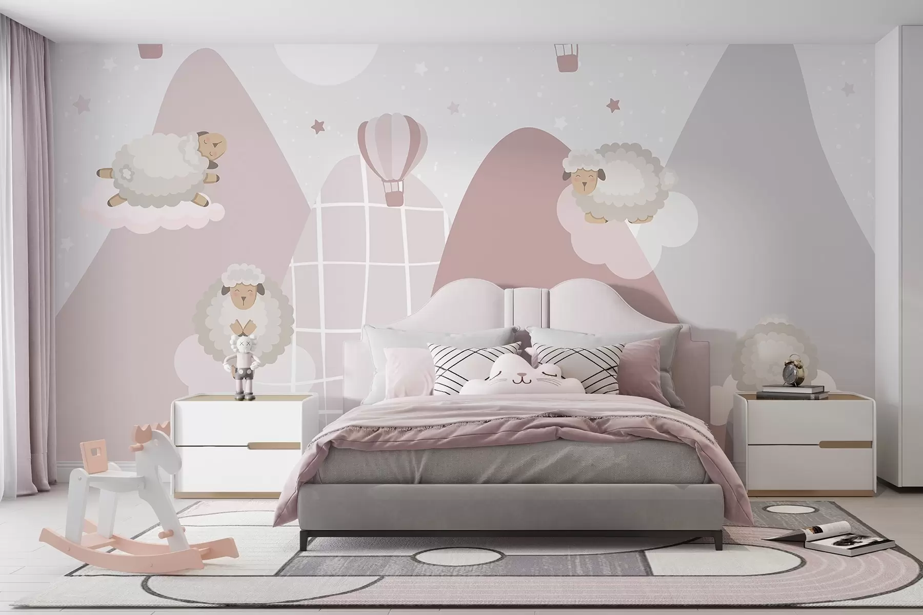 wall murals Спавајуће овце на ружичастим планинама w04932
