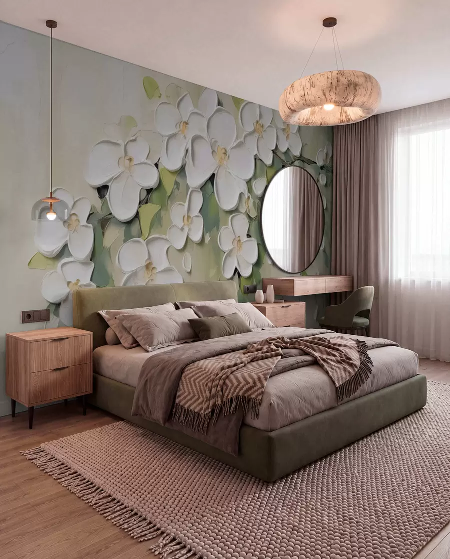 wall murals Bijelo cvijeće na maslinastoj w04978