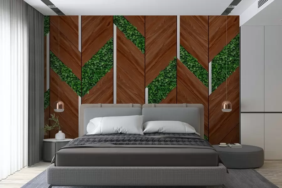 wall murals имитација тамних дрвених панела са биљним уметцима w04875v1
