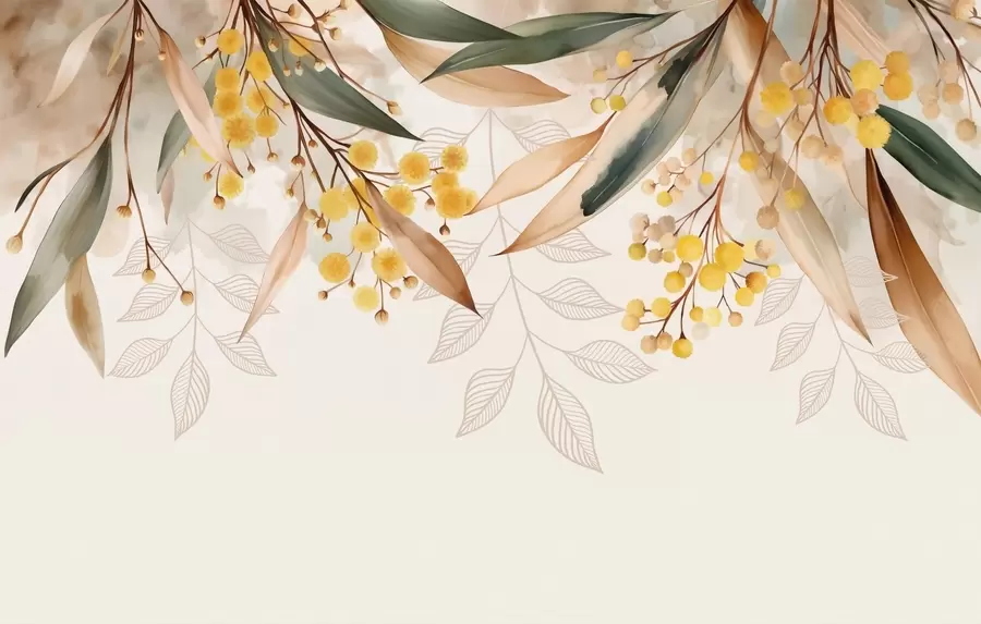 wall murals цветови и листови мимозе падају одозго у акварелном стилу w04880